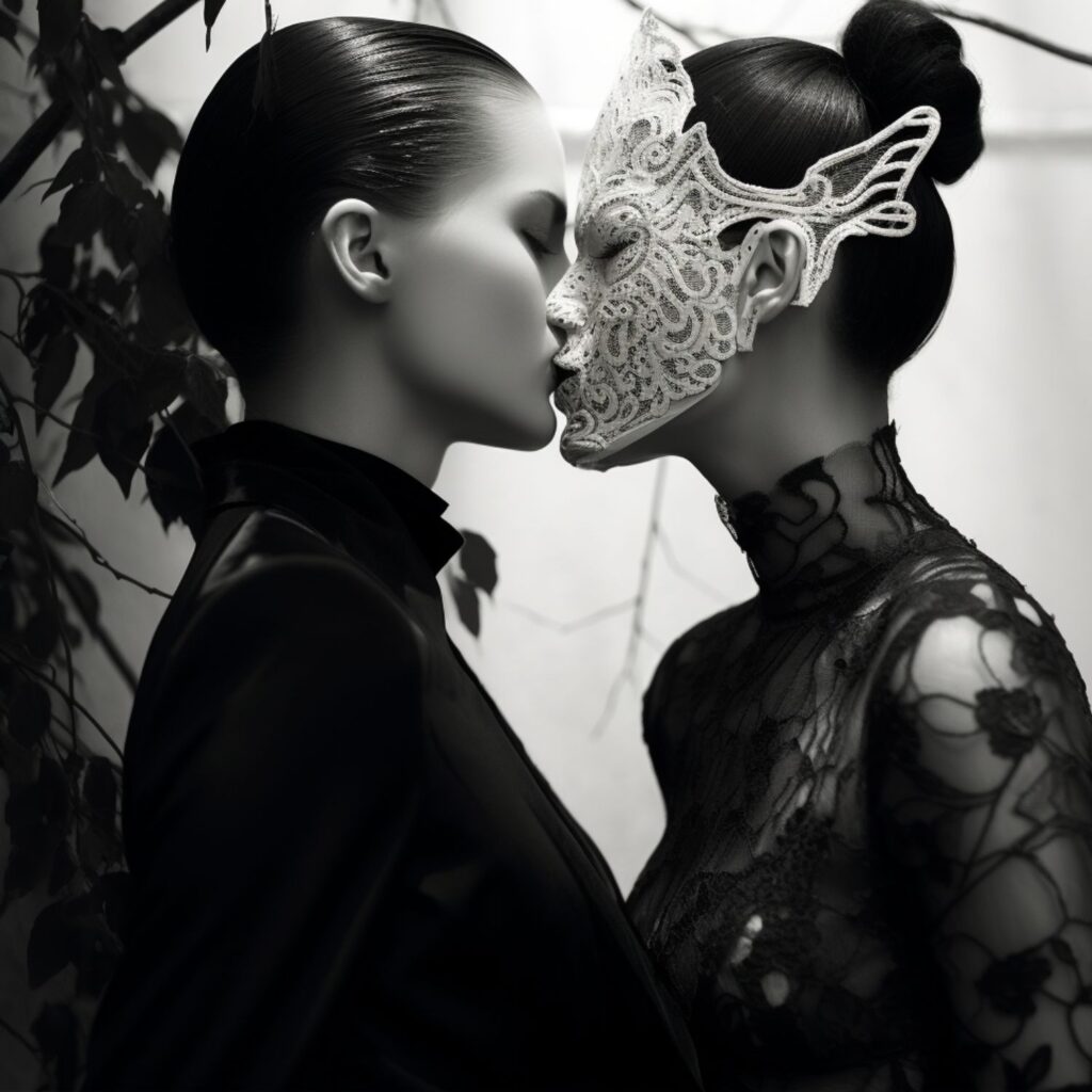 Two women are intimately close, one wearing a black outfit and the other a lacy white mask. The setting is mysterious with a dark, stylish atmosphere.