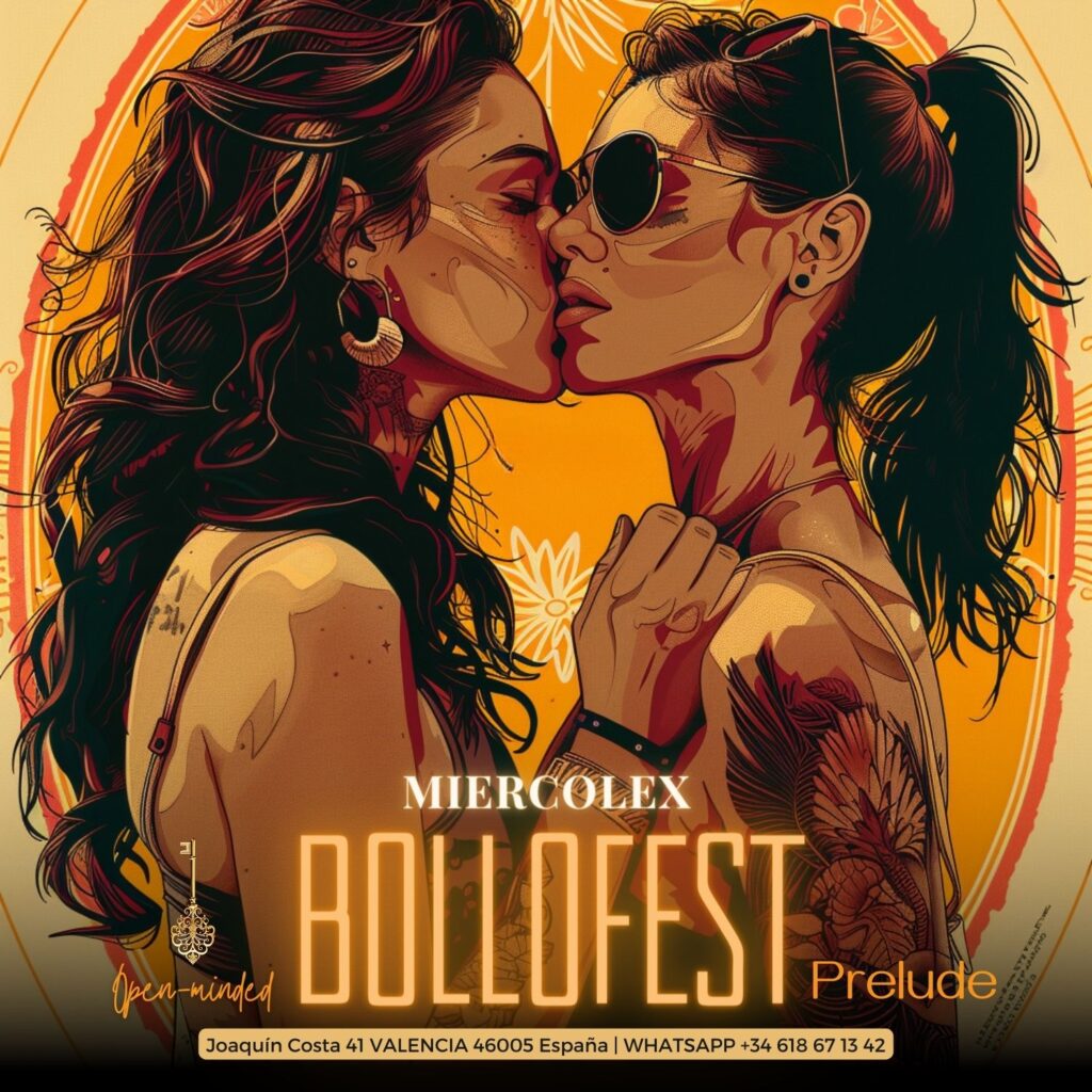 Illustration of two women facing each other closely, one wearing sunglasses and both with tattoos, set against a vibrant orange background with floral designs