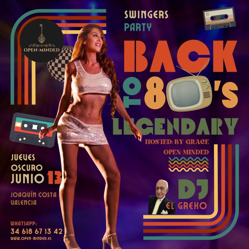 Cartel promocional de la fiesta “Back to the 80s” en OPEN-MINDED Valencia con imágenes de invitados y DJ El Greko