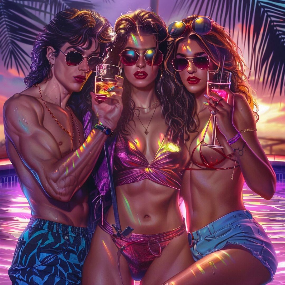 Grupo de jóvenes con ropa brillante y colorida de los 80 en una fiesta
