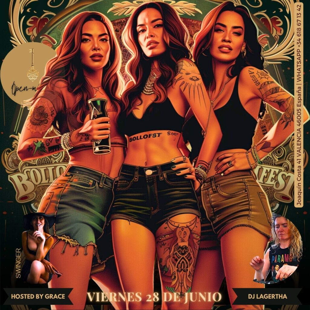 Illustration of three women in a party scene, each with tattoos, posing confidently with vibrant, colorful background patterns.