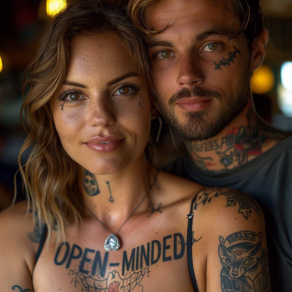 Pareja tatuada con “OPEN-MINDED” en el pecho de la mujer, mostrando un fuerte vínculo emocional