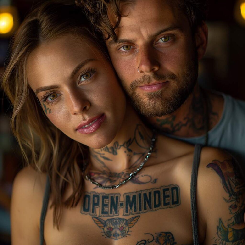 Pareja cercana con la palabra “OPEN-MINDED” tatuada en el pecho de la mujer, simbolizando la aceptación y el amor libre