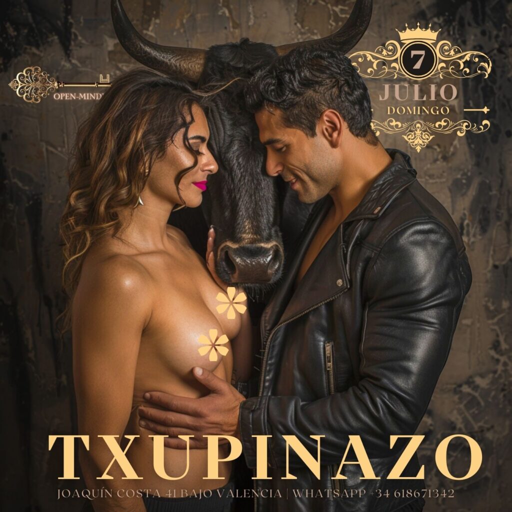 Una pareja sensual en un ambiente taurino con detalles en oro, promoviendo la Golden Classic Extravaganza en el Open-Minded Club