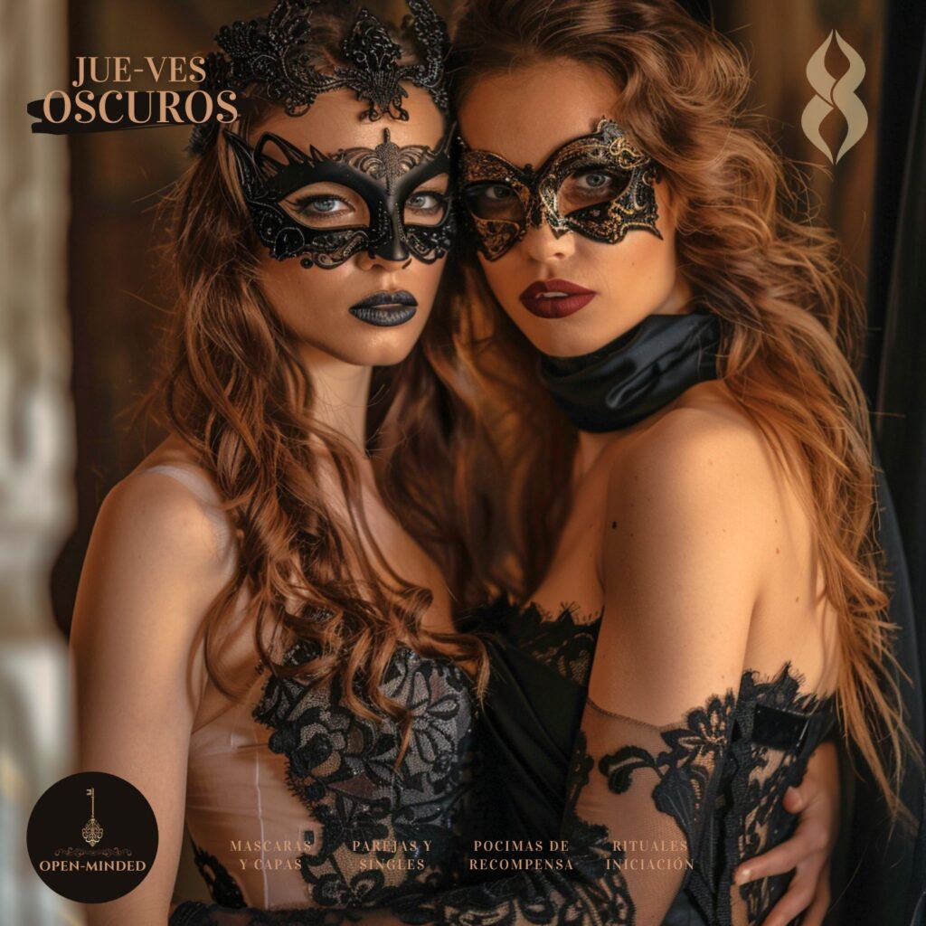 Dos mujeres enmascaradas con lencería negra detallada, posando de manera seductora en un ambiente elegante