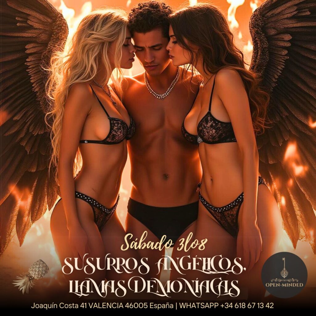 Tres personas, dos mujeres con alas de ángel y un hombre sin camisa, en una pose sensual, con un fondo de llamas en tonos cálidos.