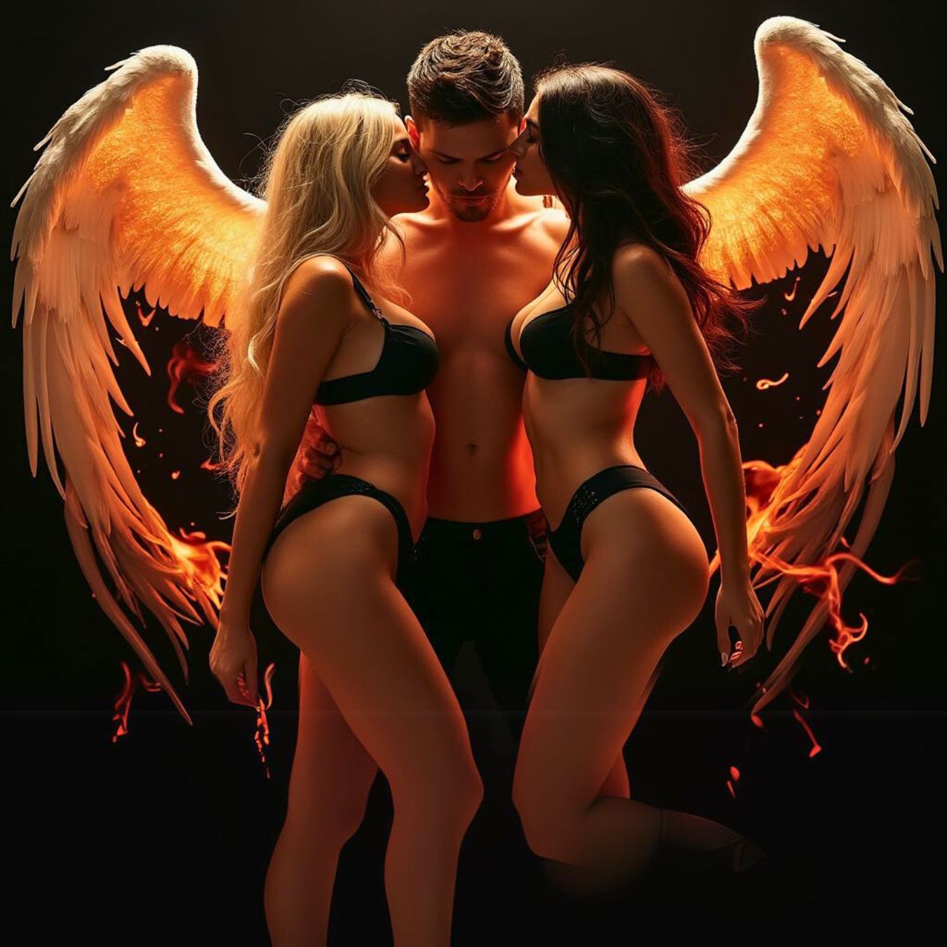 Tres figuras en lencería, dos mujeres con alas de ángel rodeando a un hombre, en un ambiente de contrastes oscuros y resplandores ardientes.
