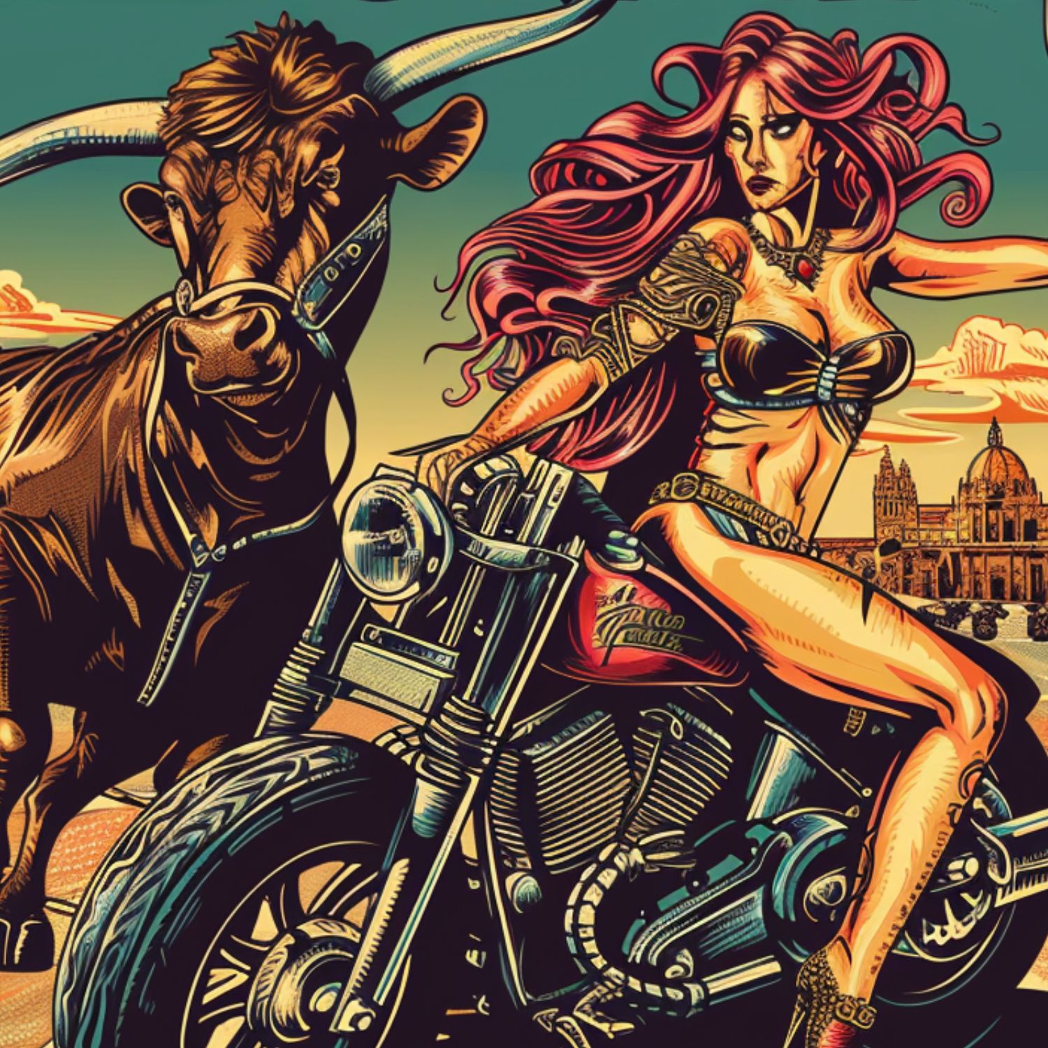 Ilustración de una mujer en una motocicleta, vestida con ropa provocativa, acompañada por un toro en una escena urbana.