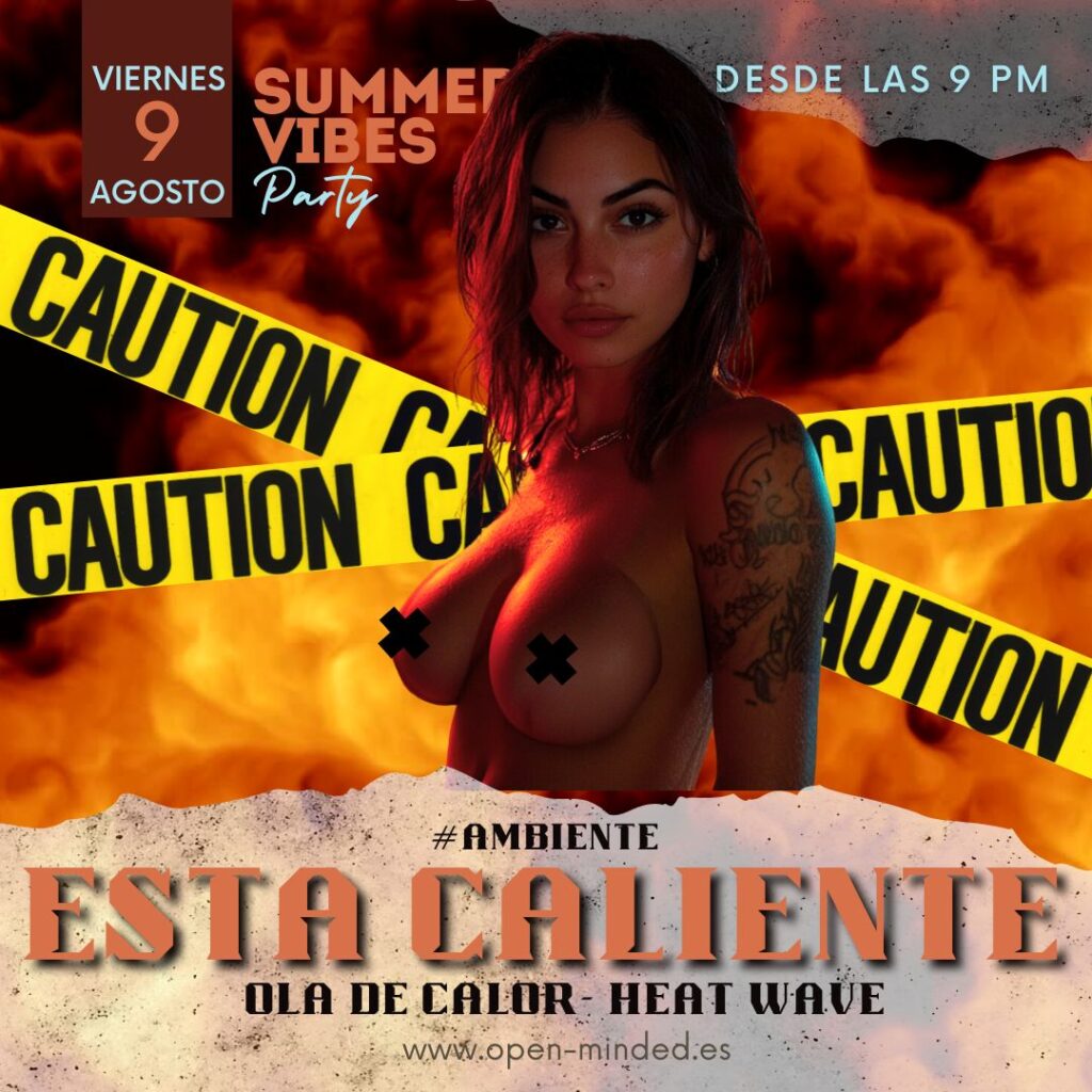 Mujer con tatuajes en bikini negro, cinta de precaución de fondo.