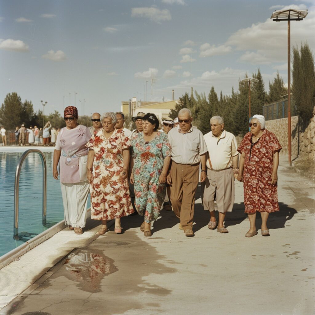 Grupo de personas mayores caminando cerca de una piscina, representando la decadencia de los espacios liberales tradicionales.