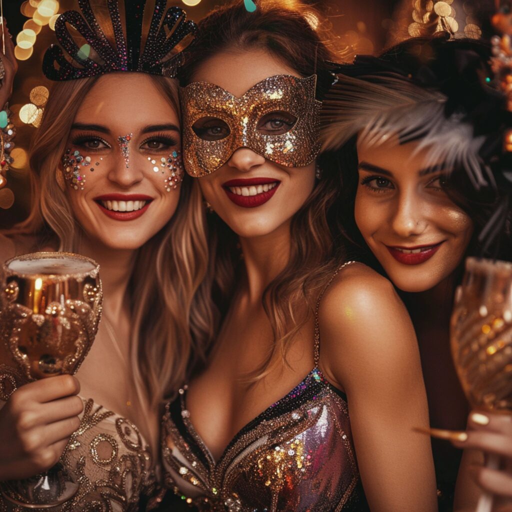 Tres mujeres con máscaras y maquillaje brillante en una fiesta temática, simbolizando la libertad de expresión en los clubes open-minded.