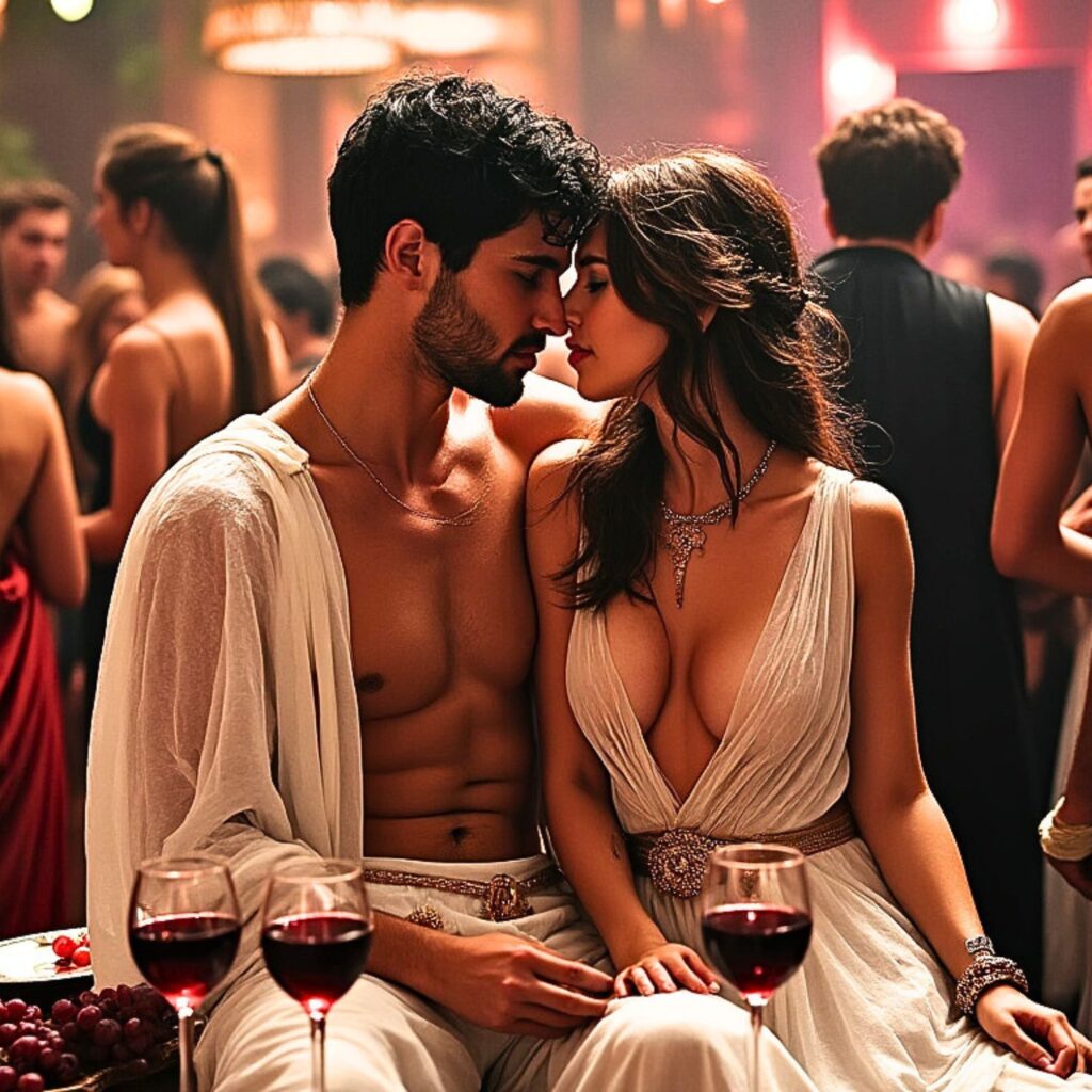 A couple dressed in ancient Roman attire share an intimate moment at a lavish party, surrounded by others in similar attire. The atmosphere is warm and luxurious, with soft lighting and rich decorations.