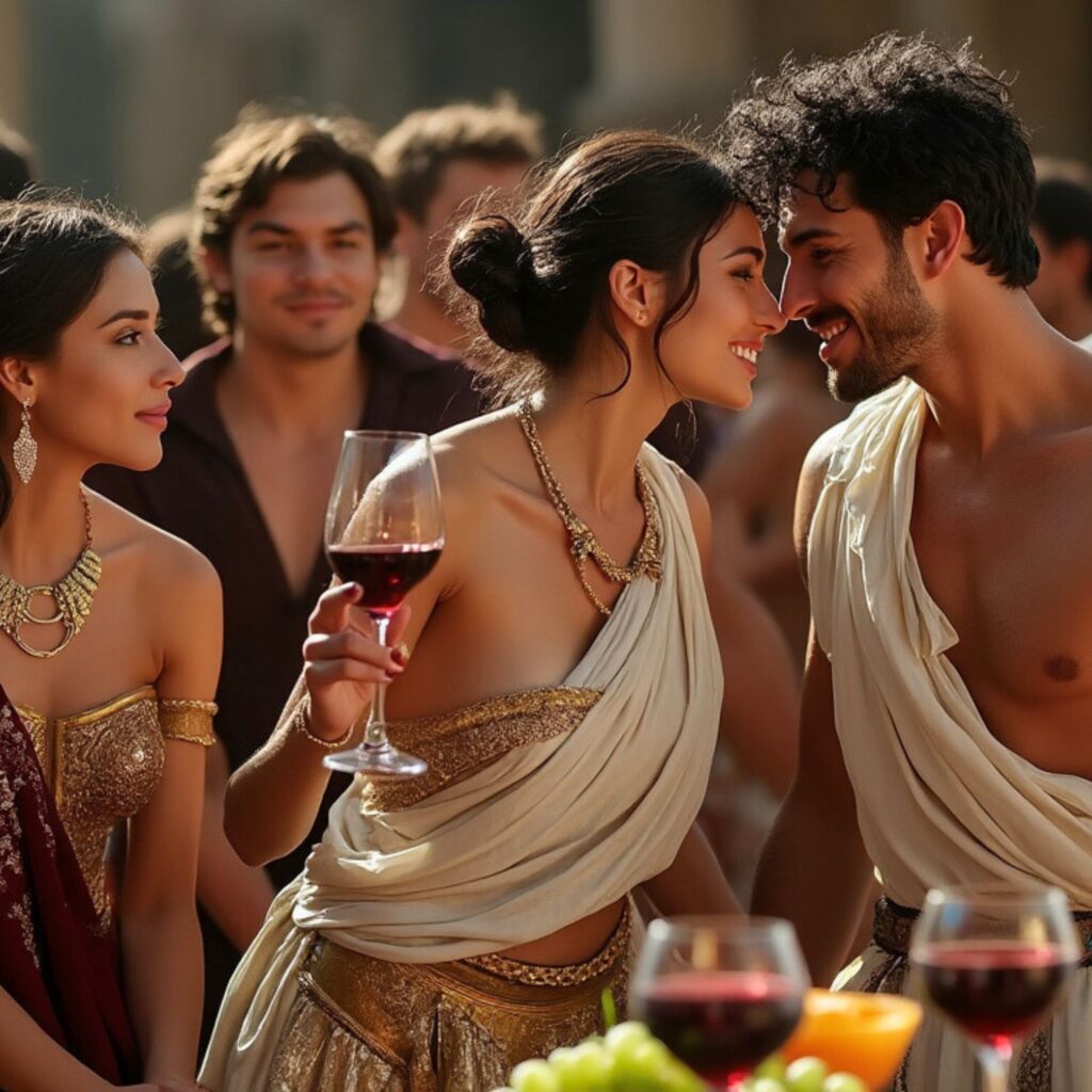 A group of young adults, dressed in Roman-inspired attire, enjoy a festive atmosphere with wine and laughter, surrounded by others in a similarly decadent setting.