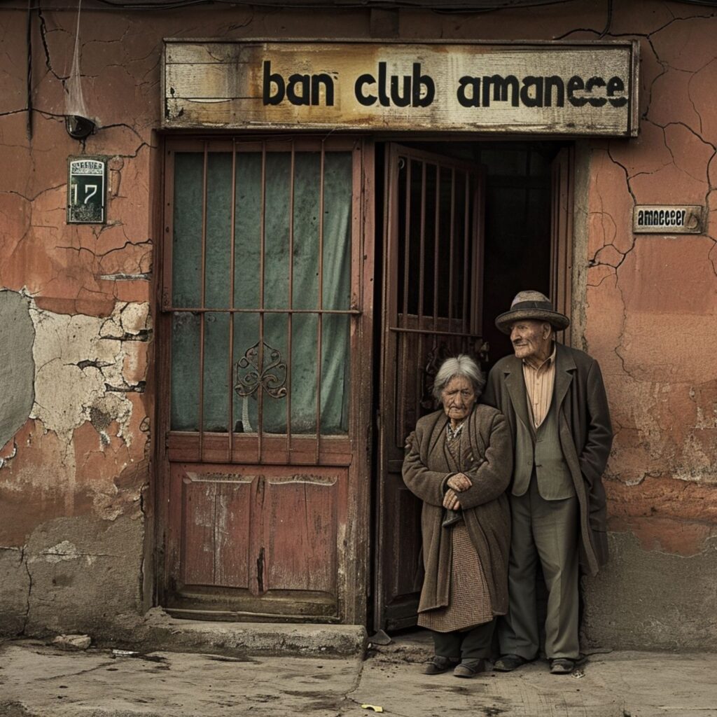 Una pareja mayor está de pie frente a un club abandonado y deteriorado llamado “Ban Club Amanece”.