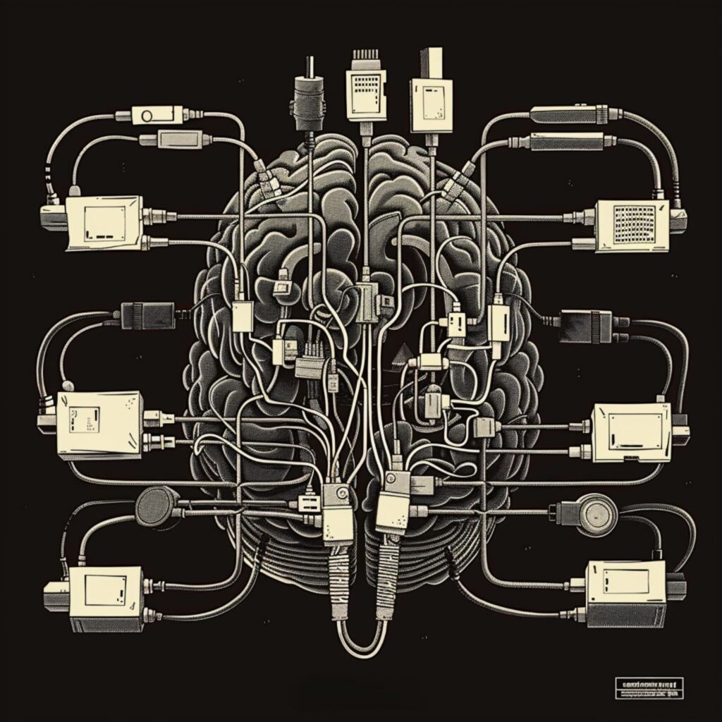 Un cerebro humano conectado a varios cables, simbolizando la influencia negativa de viejos hábitos y tecnologías que dominan las mentes.