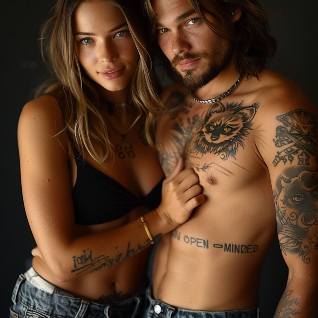 Una pareja joven con tatuajes, sonriente y confiada, representando una actitud de mente abierta y respeto.