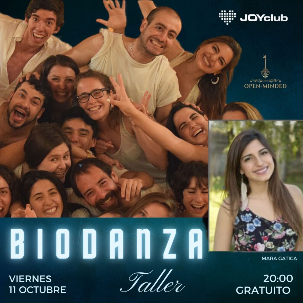 🌿 Taller GRATUITO de Biodanza 🌿 impartido por Mara Gatica 1 Imagen promocional de un taller de biodanza con un grupo de personas sonrientes y la foto de la facilitadora, Mara Gatica, destacando el taller gratuito en OPEN-MINDED el 11 de octubre.