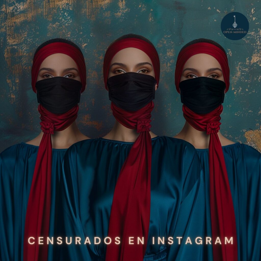 Nueva Cuenta Instagram @clubopenminded 1 Tres mujeres idénticas con turbantes rojos y máscaras negras, en túnicas azules, frente a un fondo texturizado dorado y azul, con el texto ‘CENSURADOS EN INSTAGRAM’ en la parte inferior.