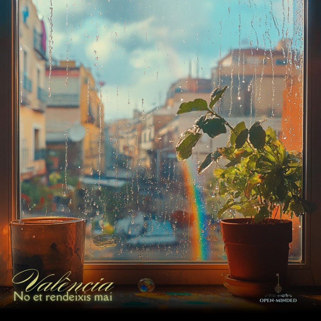 OPEN está OPEN 1 Vista desde una ventana con gotas de lluvia, mostrando una planta en el alféizar y un arcoíris en el fondo de la ciudad de Valencia.”