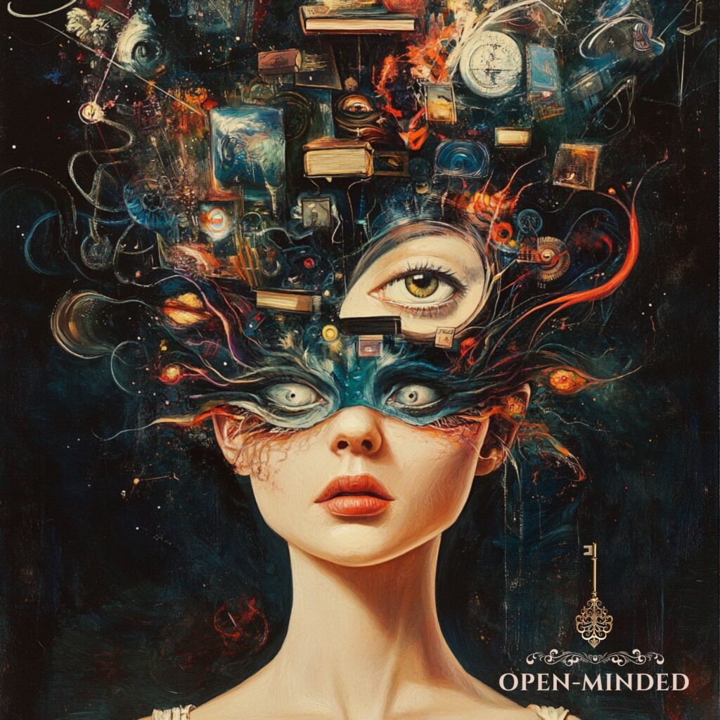  Ilustración surrealista de una mujer con máscara abstracta, mostrando un ojo en su frente y rodeada de elementos simbólicos, como libros y engranajes que representan el conocimiento y la introspección
