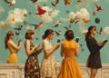 Personas usando dispositivos móviles en un entorno surrealista con pájaros y globos que simbolizan la conexión en comunidad swinger.