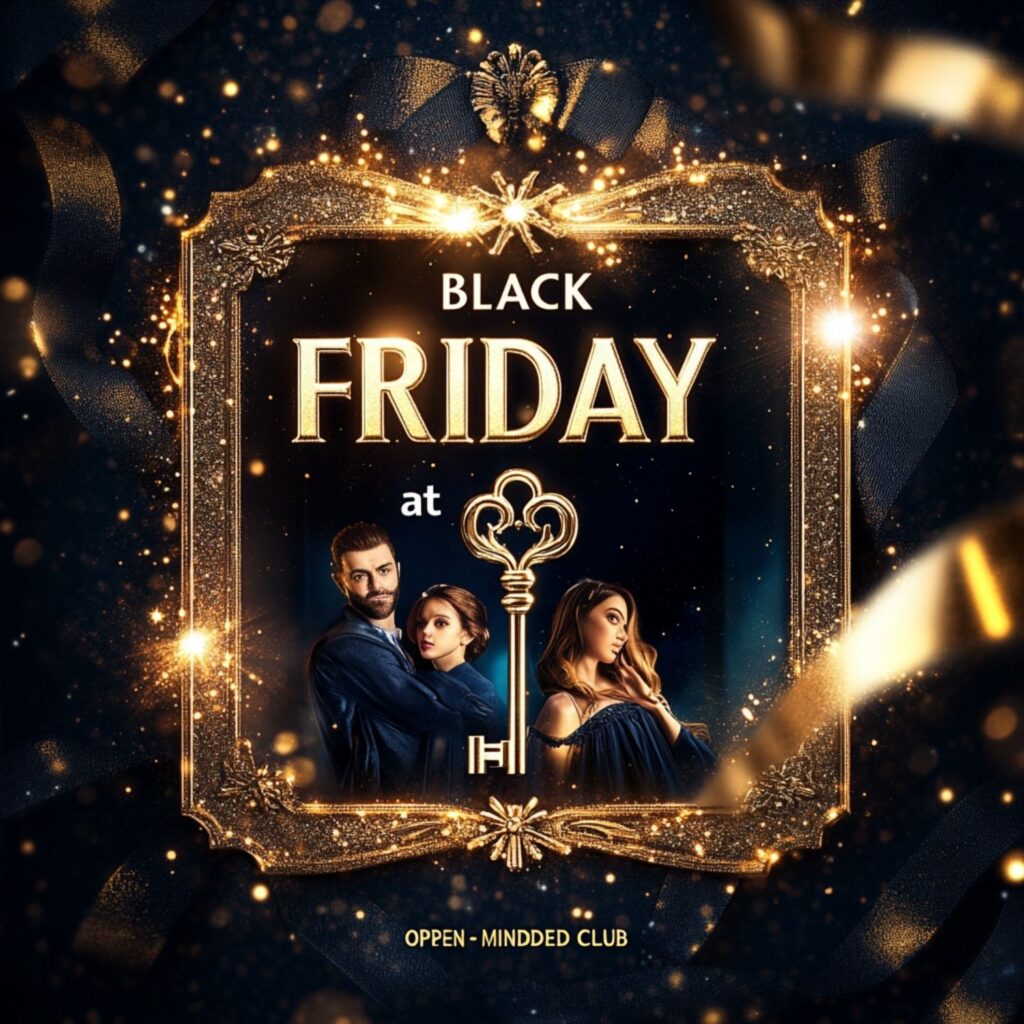 Viernes Noche Black Lace - Black Friday en Valencia 2 Cartel promocional de Black Friday en open-minded.club con un diseño elegante dorado y personajes en actitud seductora.