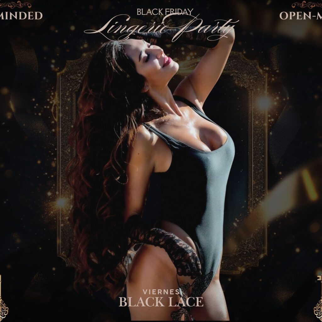 Viernes Noche Black Lace - Black Friday en Valencia 1 Mujer en lencería negra en el cartel de la fiesta Noche Black Lace en open-minded.club para Black Friday