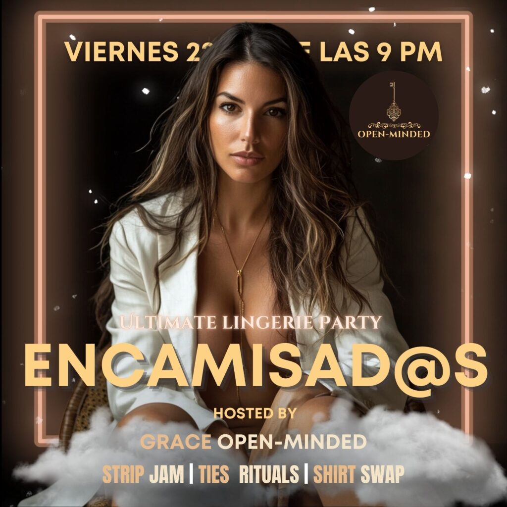 Viernes Ultimate Lingerie Party: Encamisad@s Edition 2 Mujer con camisa abierta en un ambiente íntimo en OPEN-MINDED Valencia.