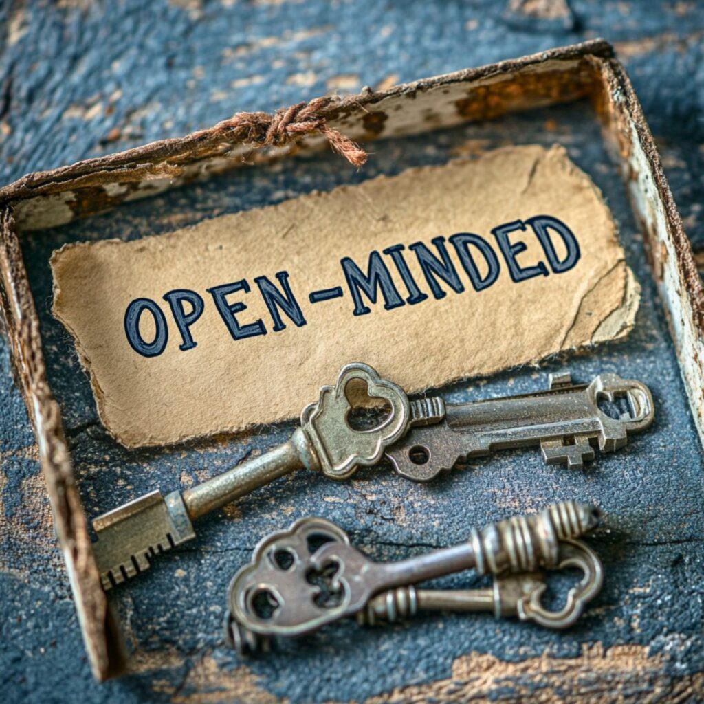 Norma Básicas 1 Llaves antiguas junto a un cartel desgastado con la inscripción “OPEN-MINDED”, representando la exclusividad y el acceso a un espacio privado para swingers en Valencia.