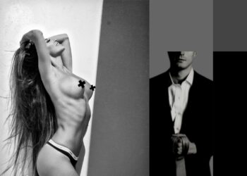 Mujer en encaje negro y figura masculina elegante en un fondo artístico, anunciando la fiesta “Earned It” en OPEN-MINDED.club.