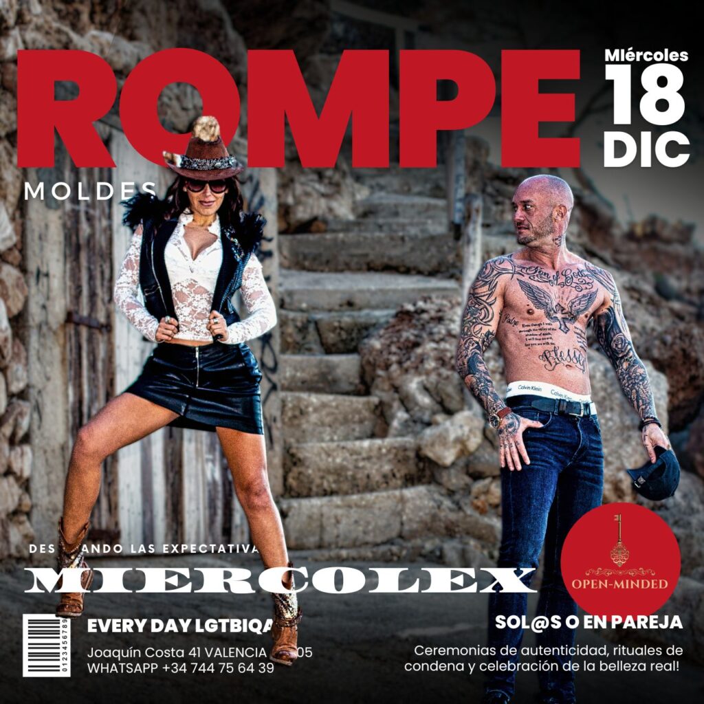 ROMPE NORMAS este MiércoleX 1 Cartel promocional de OPEN-MINDED.club con una pareja mostrando confianza y estilo, anunciando la fiesta MiércoleX.