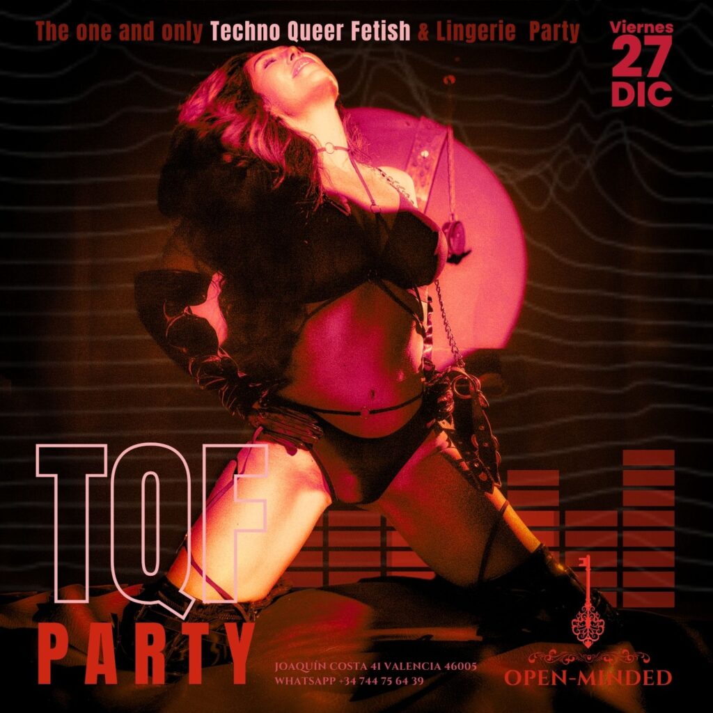 Viernes 27 TQF PARTY 1 Mujer en lencería negra posando bajo luces rojas en la TQF Party de OPEN-MINDED.club en Valencia.